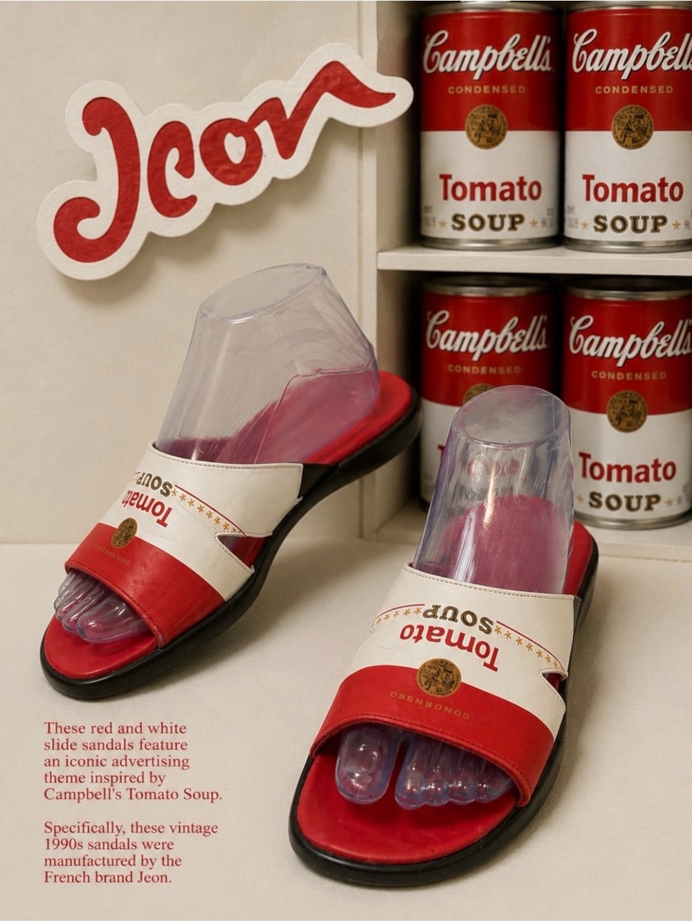 Vintage 1990s Jeon Campbell’s Tomato Soup  Pop Art Novelty Slide Sandals Sz